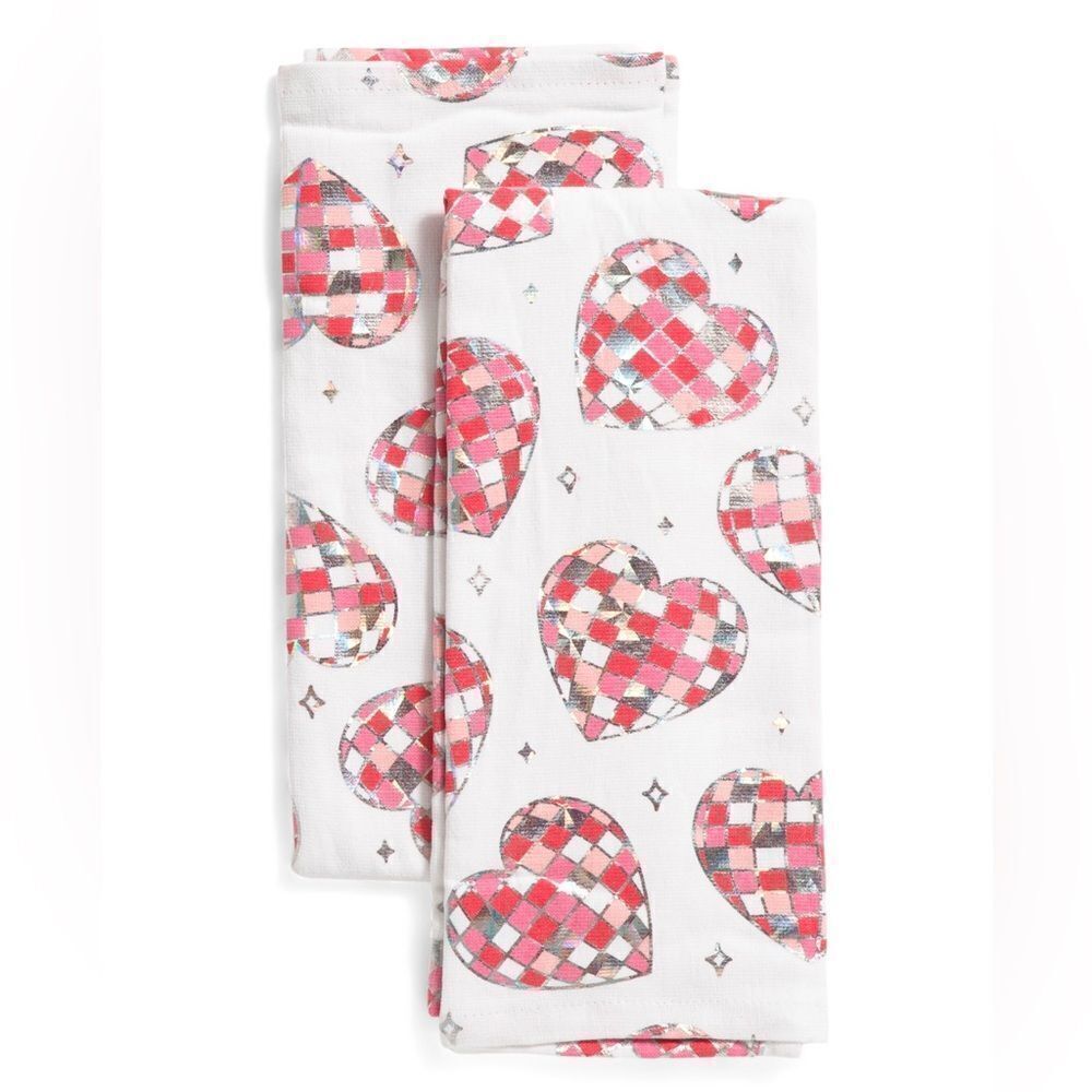 NM Valentine’s Day Pink White Gray Metallic Silver Cotton Tea Kitchen Towels 2pk